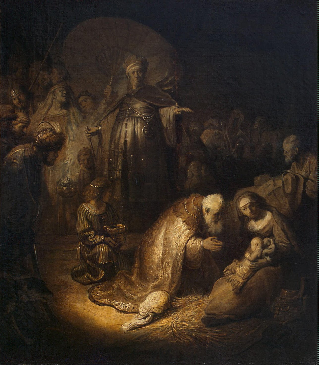 Adoration-of-the-Magi-Rembrandt-Reproductie-Schilderij-1 Adoration of the Magi - Afbeelding 1