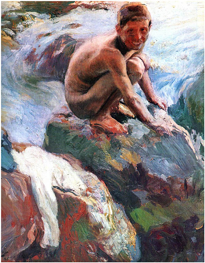 Boy-on-the-Rocks-Javea-Joaquin-Sorolla-y-Bastida-Reproductie-Schilderij Boy on the Rocks Javea - Afbeelding 1