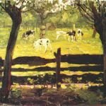 Calves in a Field Bordered by Willow Trees
