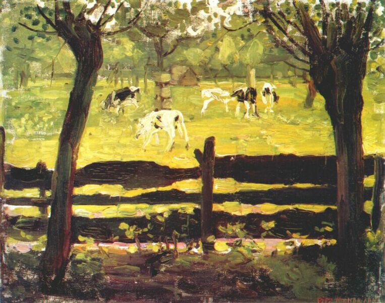 Calves-in-a-Field-Bordered-by-Willow-Trees-Piet-Mondrian-Reproductie-Schilderij Calves in a Field Bordered by Willow Trees - Afbeelding 1