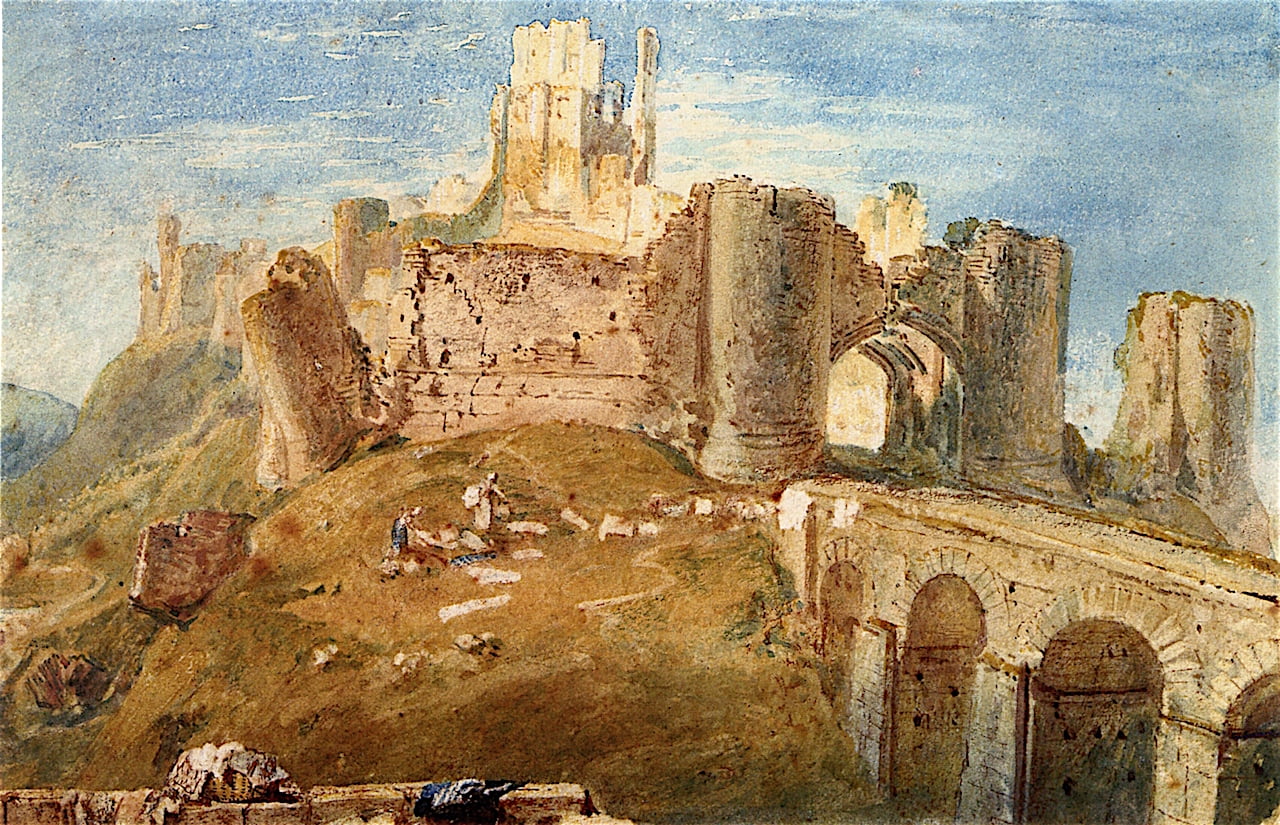 Corfe-Castle-Dorsetshire-Joseph-Mallord-William-Turner-Reproductie-Schilderij Corfe Castle, Dorsetshire - Afbeelding 1