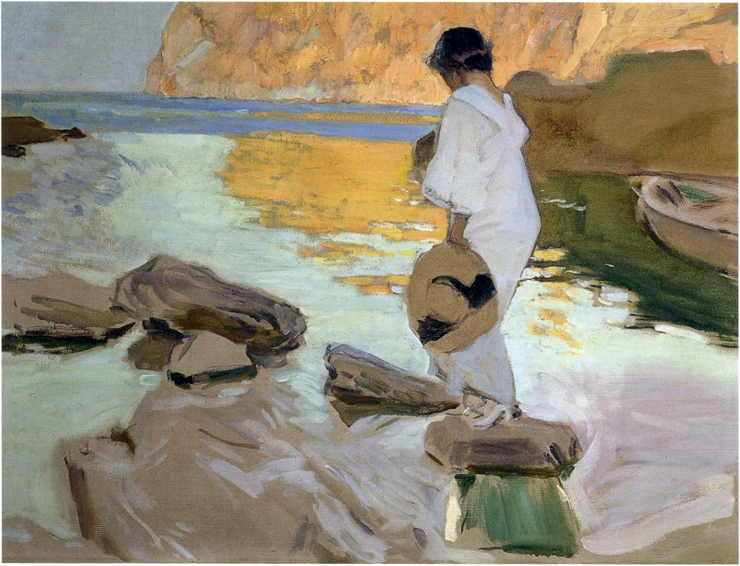 Elena-in-cove-San-Vicente-at-Majorca-Joaquin-Sorolla-y-Bastida-Reproductie-Schilderij Elena in cove San Vicente at Majorca - Afbeelding 1