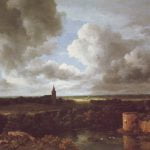 Extensive landscape with a ruined castle and a village church