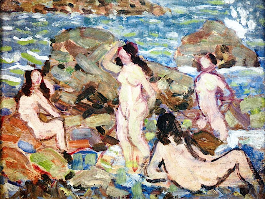 Four-Nudes-at-the-Seashore-Maurice-Prendergast-Reproductie-Schilderij Four Nudes at the Seashore - Afbeelding 1