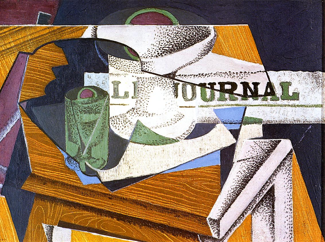 Fruit-Bowl-Book-and-Newspaper-1916-Juan-Gris-Reproductie-Schilderij Fruit Bowl Book and Newspaper - Afbeelding 1