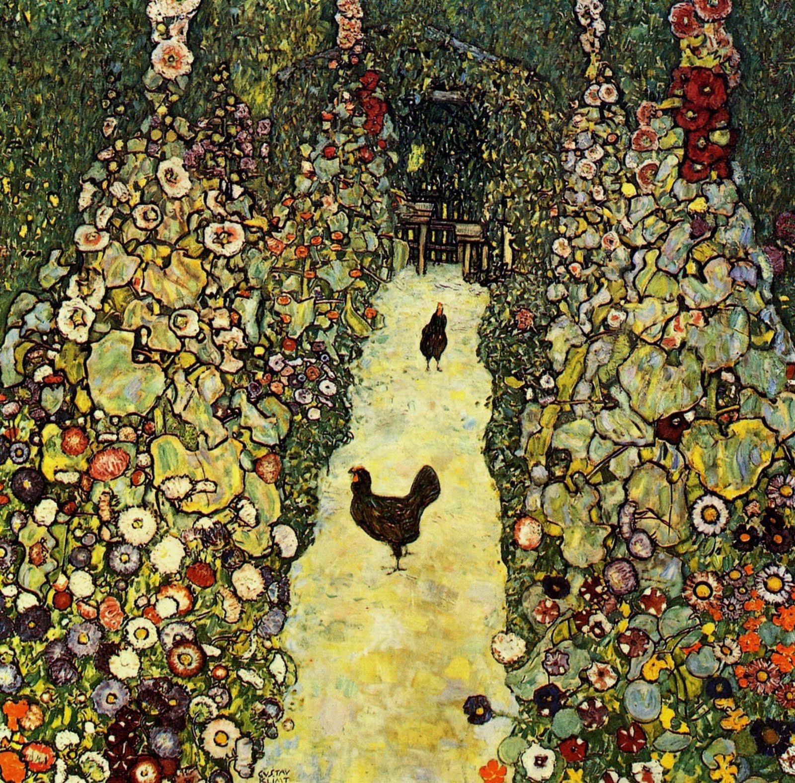 Garden-with-Roosters-Gustav-Klimt-Reproductie-Schilderij Garden with Roosters - Afbeelding 1