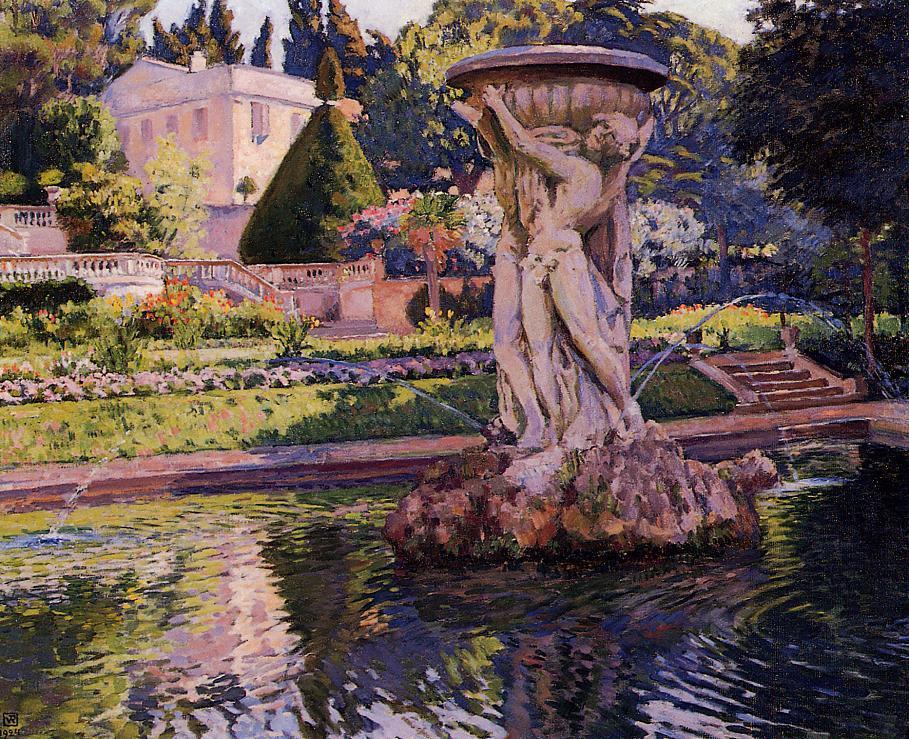 Garden-with-Villa-and-Fountain-Theo-van-Rysselberghe-Reproductie-Schilderij Garden with Villa and Fountain - Afbeelding 1
