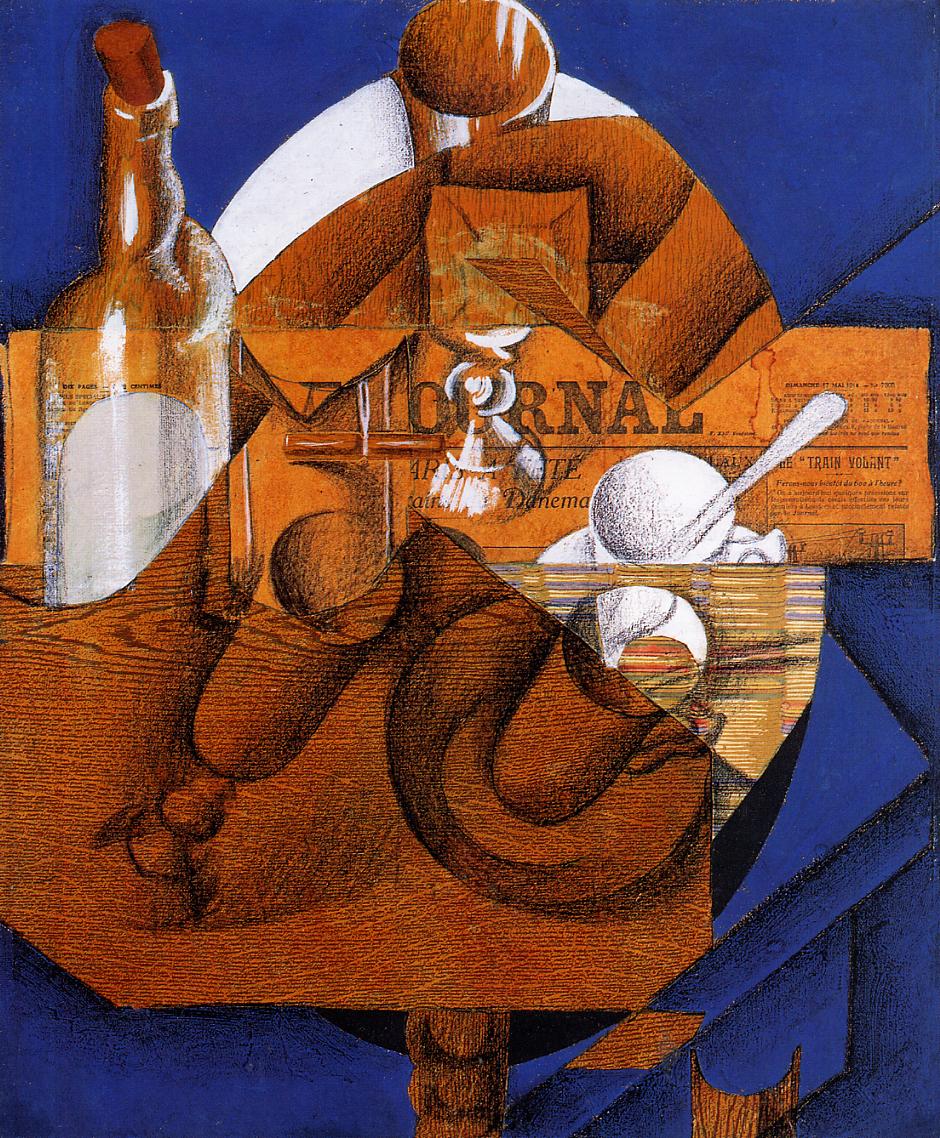 Glass-Cup-and-Bottle-1914-Juan-Gris-Reproductie-Schilderij Glass Cup and Bottle - Afbeelding 1