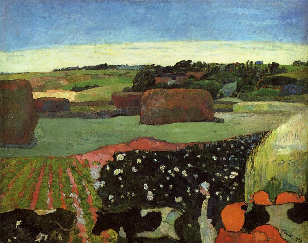 Haystacks-in-Britanny-aka-The-Potato-Field-1890-Paul-Gauguin-Reproductie-Schilderij-1 Haystacks in Britanny (aka The Potato Field) - Afbeelding 1