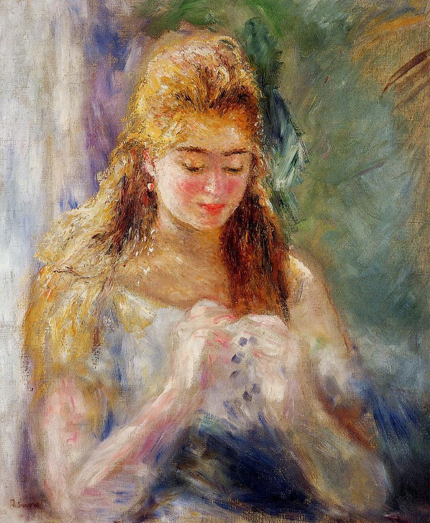 La-Couseuse-1874-1876-Pierre-Auguste-Renoir-Reproductie-Schilderij La Couseuse - Afbeelding 1