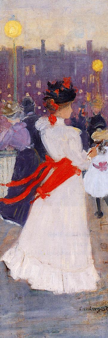 Lady-with-a-Red-Sash-Maurice-Prendergast-Reproductie-Schilderij Lady with a Red Sash - Afbeelding 1