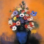 Minosas Anemonies and Leaves in a Blue Vase