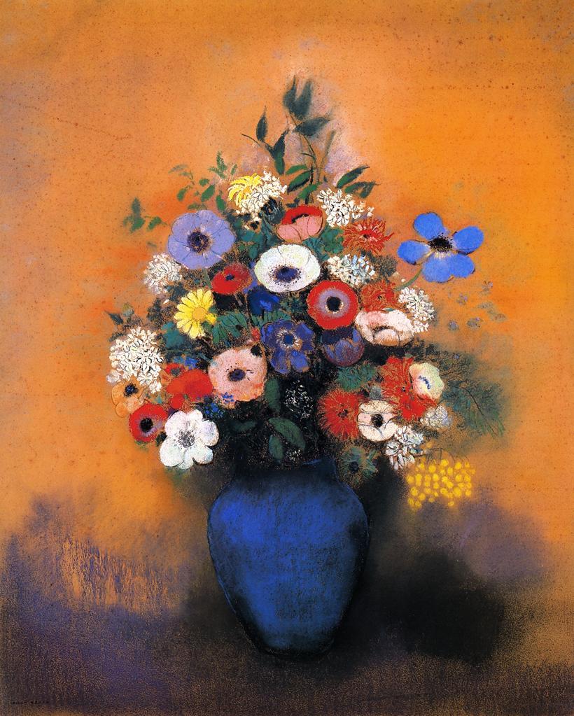 Minosas-Anemonies-and-Leaves-in-a-Blue-Vase-Odilon-Redon-Reproductie-Schilderij Minosas Anemonies and Leaves in a Blue Vase - Afbeelding 1