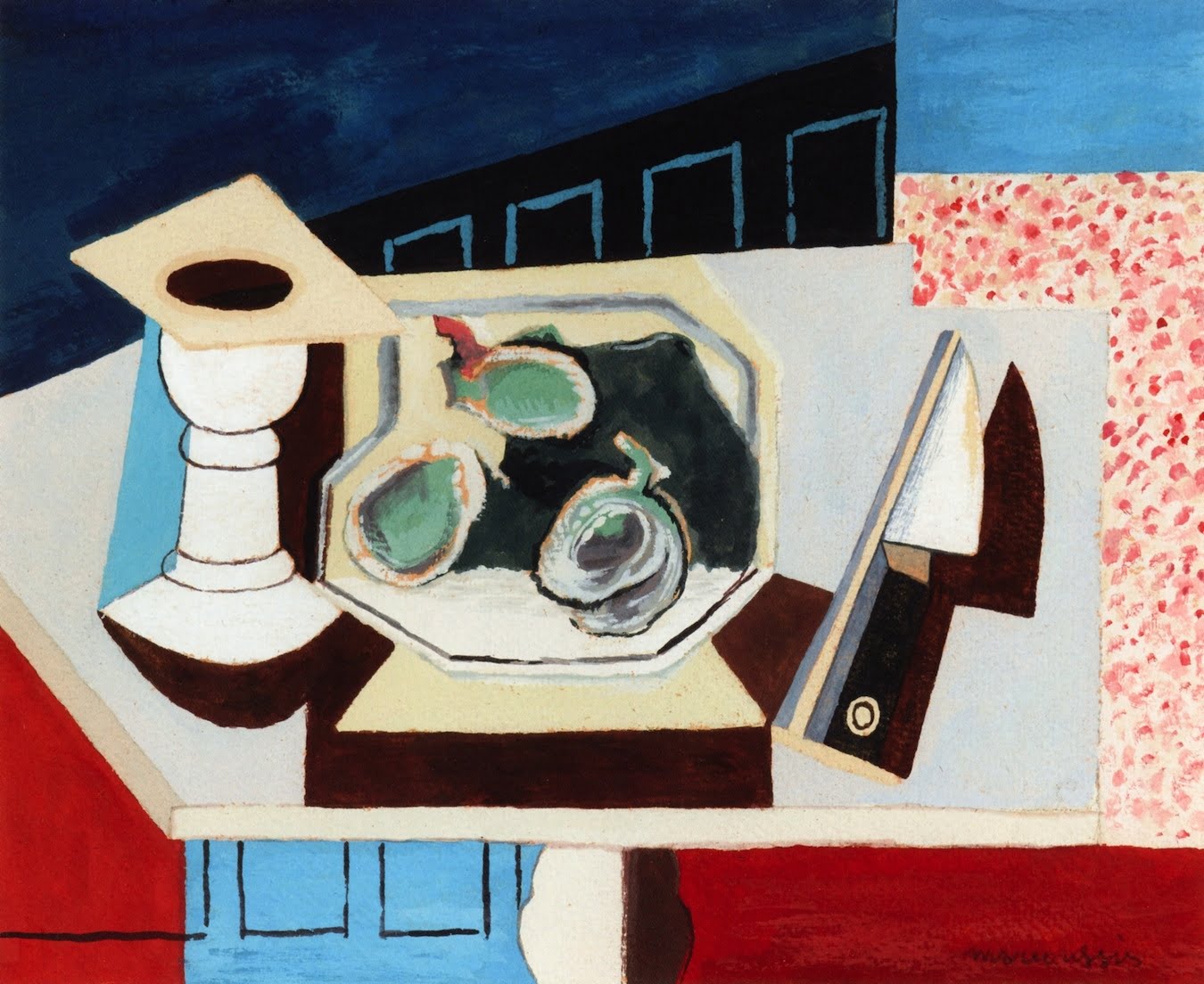 Still-Life-with-Pomegranates-and-Knife-on-a-Pedistal-Louis-Marcoussis-Reproductie-Schilderij Still Life with Pomegranates and Knife on a Pedistal - Afbeelding 1