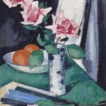 Still life with Pink Roses and Oranges in a Blue and White Vase