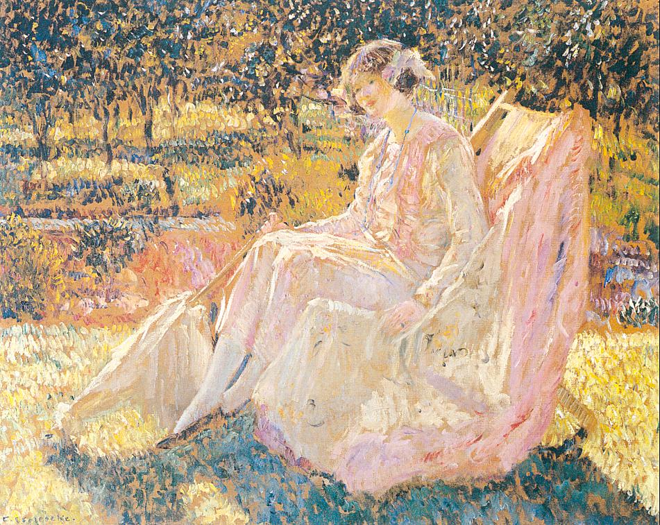 Sunbath-Frederick-Carl-Frieseke-Reproductie-Schilderij-1 Sunbath - Afbeelding 1