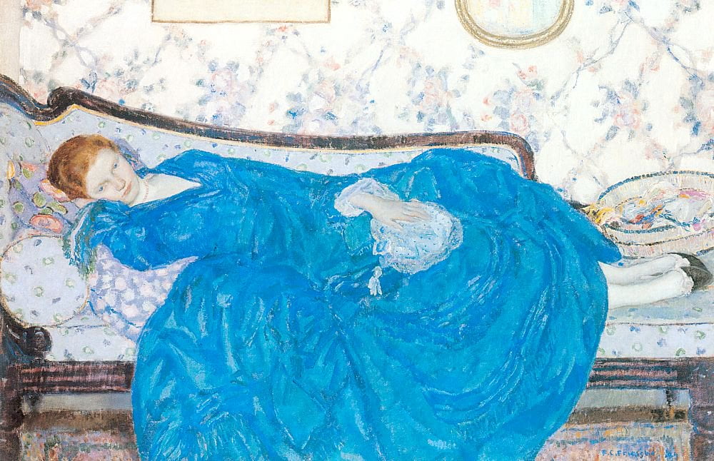 The-Blue-Gown-Frederick-Carl-Frieseke-Reproductie-Schilderij-1 The Blue Gown - Afbeelding 1