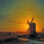 Windmills in the Ukrainian Steppe at Sunset