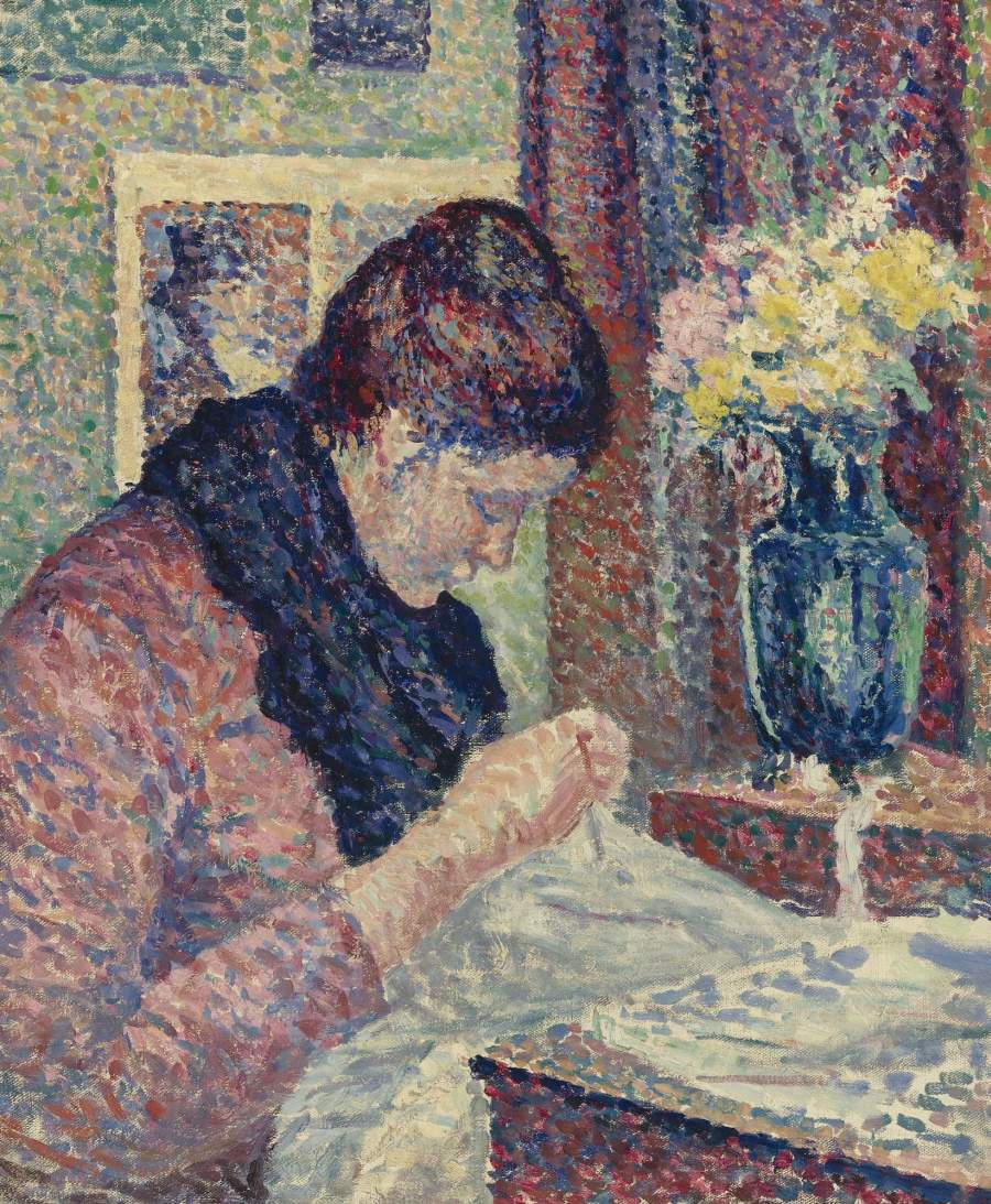 Woman-Sewing-1893-Maximilien-Luce-Reproductie-Schilderij Woman Sewing - Afbeelding 1