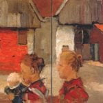 Woman and child in front of a farm